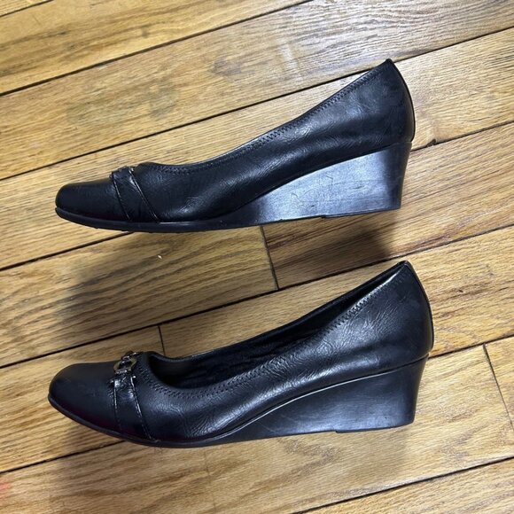 LifeStride Black Faux Leather Square Toe Buckle Wedge Heels - Picture 3 of 6